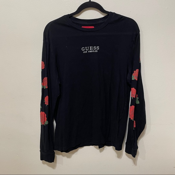 Guess Tops - Guess women’s long sleeves tee with roses on the sleeves black size medium